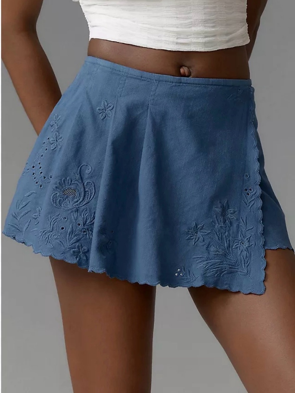 Anthropologie Blue Embroidered Linen-Blend Skort